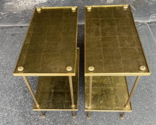 1950/70′ Pair Of Rectangular Side Tables Maison Baguès Brass And Bronze Trays Gold Leaves Fixed Under Glass 61 X 31cm - Image 6