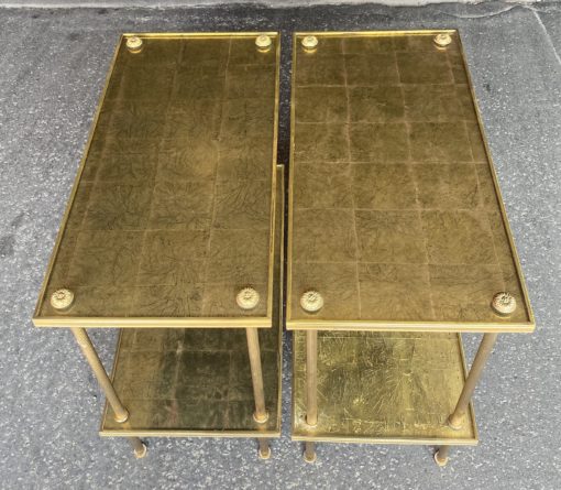 1950/70′ Pair Of Rectangular Side Tables Maison Baguès Brass And Bronze Trays Gold Leaves Fixed Under Glass 61 X 31cm