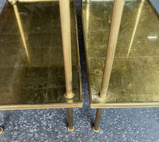1950/70′ Pair Of Rectangular Side Tables Maison Baguès Brass And Bronze Trays Gold Leaves Fixed Under Glass 61 X 31cm - Image 4