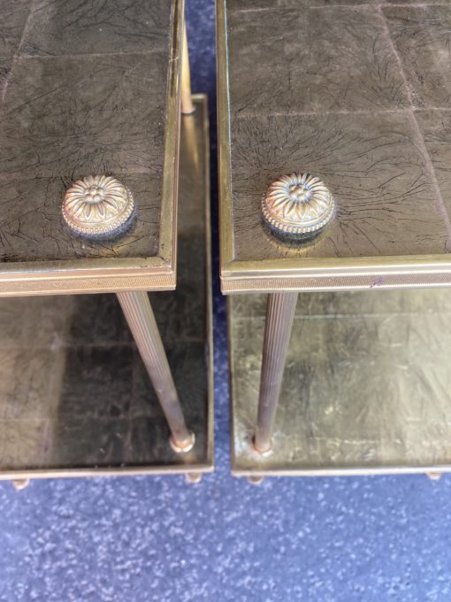 1950/70′ Pair Of Rectangular Side Tables Maison Baguès Brass And Bronze Trays Gold Leaves Fixed Under Glass 61 X 31cm - Image 2