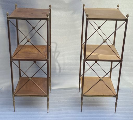 1970 ′ Pair 3 Tier Brass Shelf Maison Baguès Patinated Leather Wood Trays 32 X 40 H 86 cm
