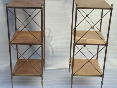 1970 ′ Pair 3 Tier Brass Shelf Maison Baguès Patinated Leather Wood Trays 32 X 40 H 86 cm
