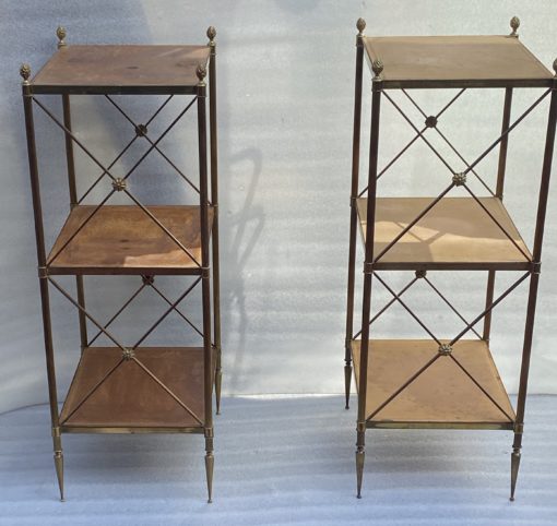 1970 ′ Pair 3 Tier Brass Shelf Maison Baguès Patinated Leather Wood Trays 32 X 40 H 86 cm - Image 11
