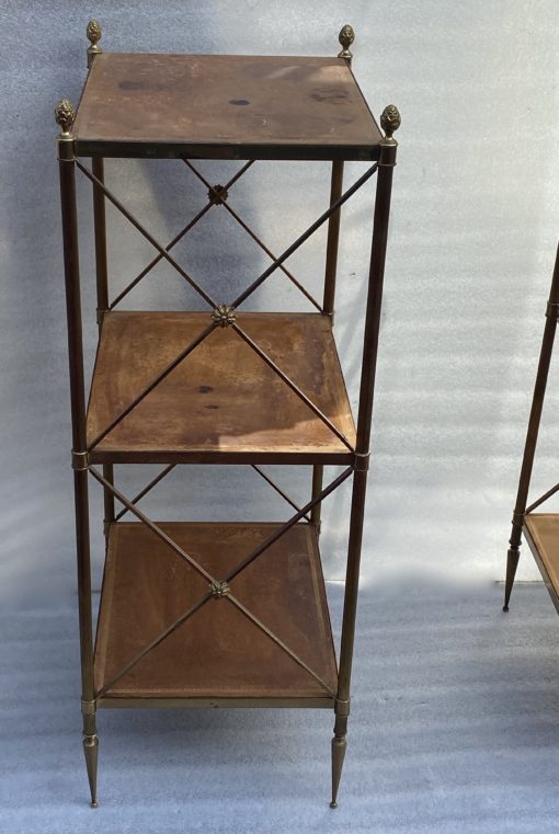 1970 ′ Pair 3 Tier Brass Shelf Maison Baguès Patinated Leather Wood Trays 32 X 40 H 86 cm - Image 10