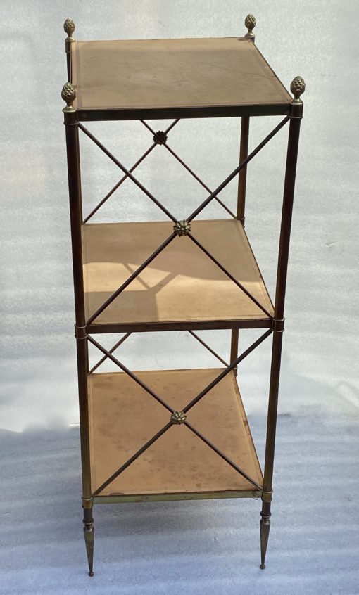 1970 ′ Pair 3 Tier Brass Shelf Maison Baguès Patinated Leather Wood Trays 32 X 40 H 86 cm - Image 9