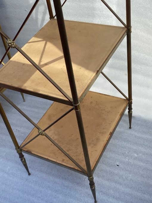 1970 ′ Pair 3 Tier Brass Shelf Maison Baguès Patinated Leather Wood Trays 32 X 40 H 86 cm - Image 7