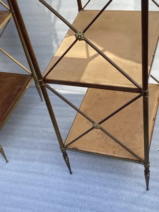 1970 ′ Pair 3 Tier Brass Shelf Maison Baguès Patinated Leather Wood Trays 32 X 40 H 86 cm - Image 6