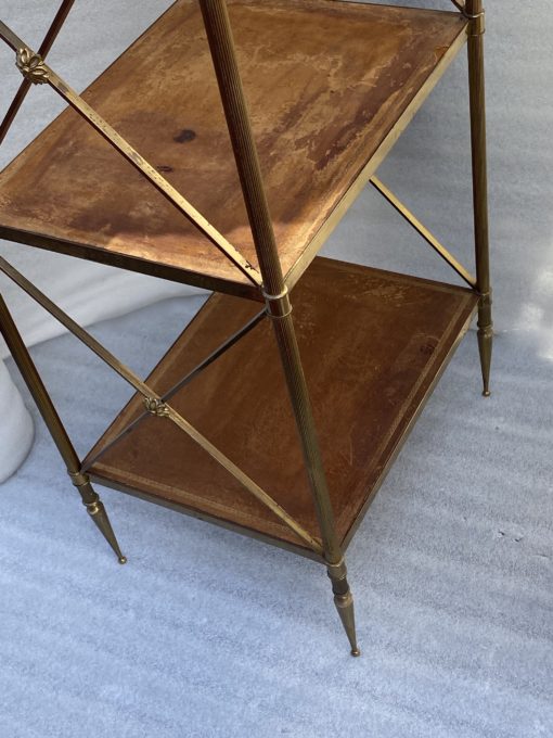 1970 ′ Pair 3 Tier Brass Shelf Maison Baguès Patinated Leather Wood Trays 32 X 40 H 86 cm - Image 5
