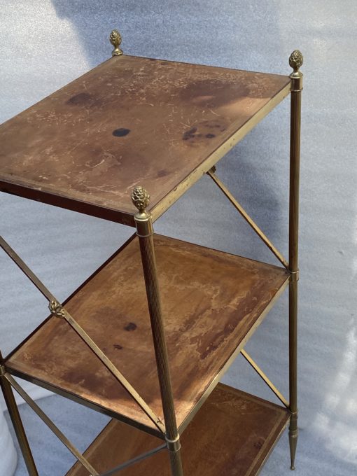 1970 ′ Pair 3 Tier Brass Shelf Maison Baguès Patinated Leather Wood Trays 32 X 40 H 86 cm - Image 4