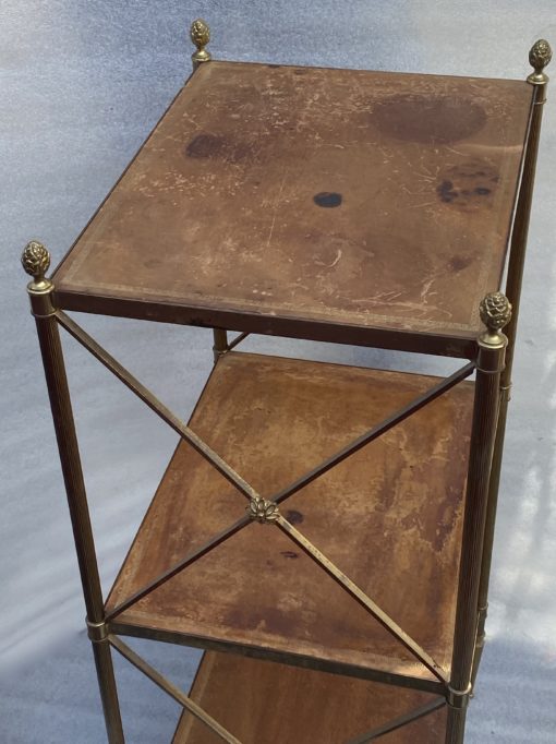 1970 ′ Pair 3 Tier Brass Shelf Maison Baguès Patinated Leather Wood Trays 32 X 40 H 86 cm - Image 3
