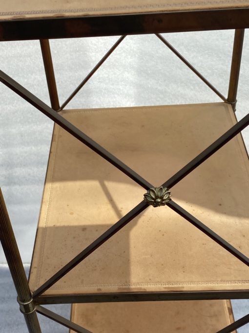 1970 ′ Pair 3 Tier Brass Shelf Maison Baguès Patinated Leather Wood Trays 32 X 40 H 86 cm - Image 2