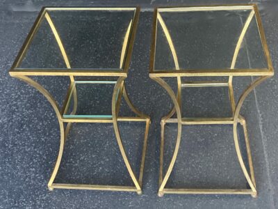 1950/70 Pair Of Pedestal Tables By Roger Thibier In Golden Wrought Iron With Gold
