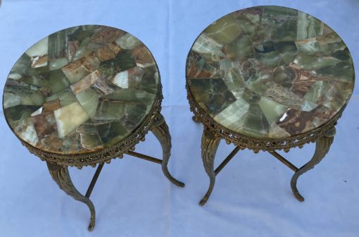 1970′ Pair of Gilt Bronze Stands LXV Style Onyx Marquetry Trays H 46, Ø 37 cm - Image 8