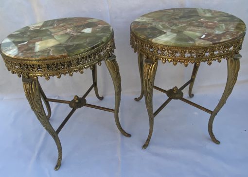1970′ Pair of Gilt Bronze Stands LXV Style Onyx Marquetry Trays H 46, Ø 37 cm - Image 7