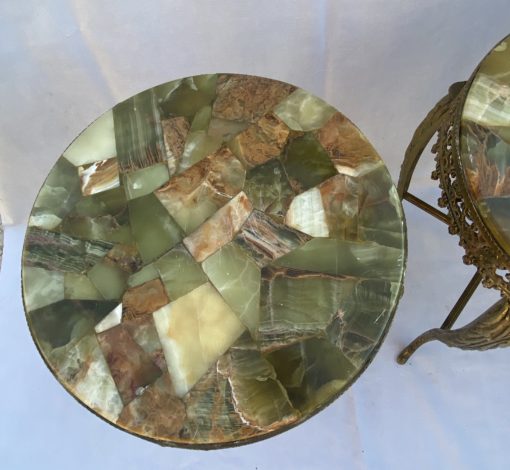 1970′ Pair of Gilt Bronze Stands LXV Style Onyx Marquetry Trays H 46, Ø 37 cm - Image 3