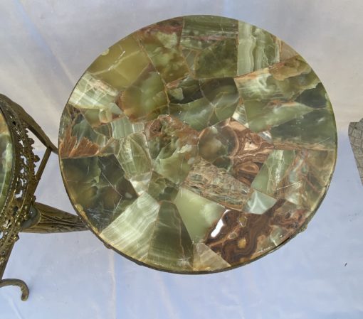 1970′ Pair of Gilt Bronze Stands LXV Style Onyx Marquetry Trays H 46, Ø 37 cm - Image 2