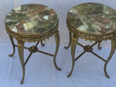 1970′ Pair of Gilt Bronze Stands LXV Style Onyx Marquetry Trays H 46, Ø 37 cm