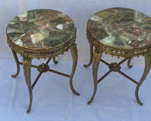 1970′ Pair of Gilt Bronze Stands LXV Style Onyx Marquetry Trays H 46, Ø 37 cm