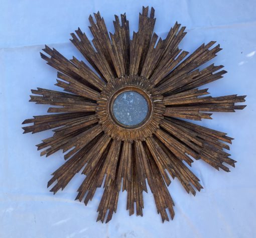 1950′ Sun Oxidized Mirror 2 Floors Patinated Golden Wood 75 Cm In Diameter