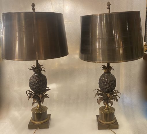 1950/70 Paire De Lampes Ou Similaires à l’Ananas en Bronze, Abat-jour en Laiton, Signée Charles & Fils Made In France