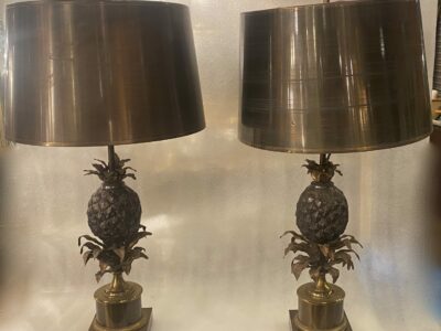 1950/70 Pair Of Bronze Pineapple Lamps Or Similar, Brass Shade, Signed Charles & Fils Made In France
