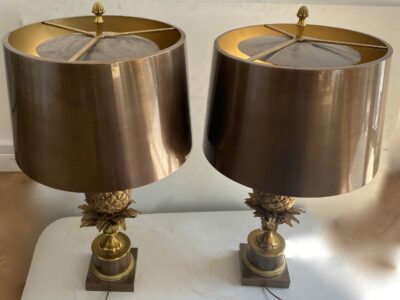 1950/70 Pair Of Bronze Pineapple Lamps, Brass Lampshade, Signed Charles & Son Made In France, Unique Order Model