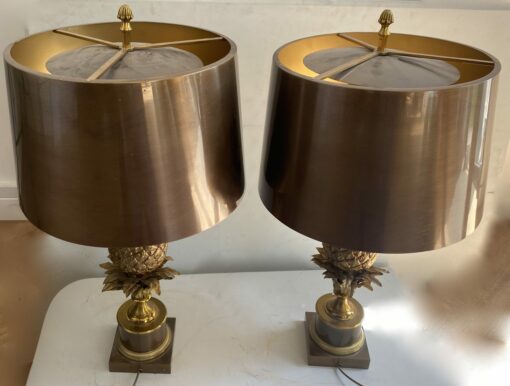 1950/70 Paire De Lampes  à l’Ananas en Bronze, Abat-jour en Laiton, Signée Charles & Fils Made In France ,Modéle Unique De Commande