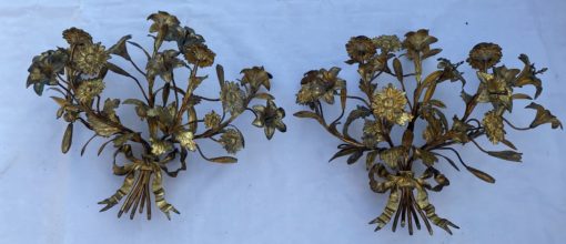 1880′ Paire d’Appliques en Bronze Doré Patiné à Décor Floral 5 Bras de Lumière