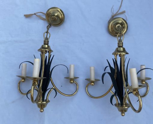 1970' Paire De Lustres Aux Roseaux Double Patine Laiton Doré Et Fer Peint – Image 13