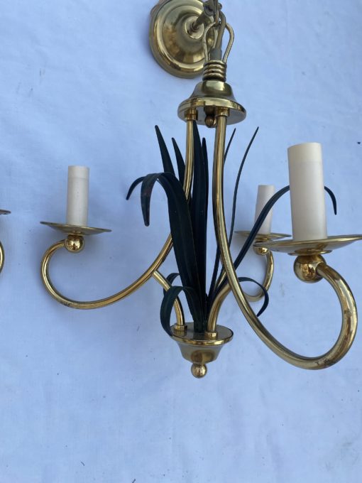 1970' Paire De Lustres Aux Roseaux Double Patine Laiton Doré Et Fer Peint – Image 12