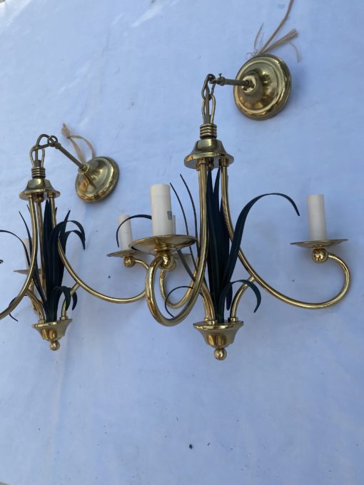 1970' Paire De Lustres Aux Roseaux Double Patine Laiton Doré Et Fer Peint – Image 7