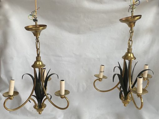 1970' Paire De Lustres Aux Roseaux Double Patine Laiton Doré Et Fer Peint