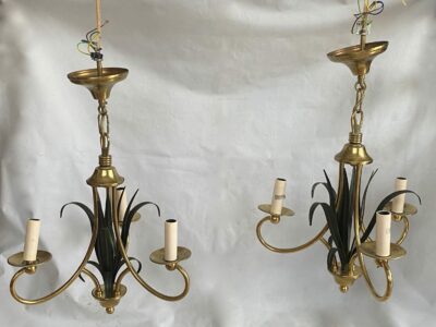 1970' Paire De Lustres Aux Roseaux Double Patine Laiton Doré Et Fer Peint