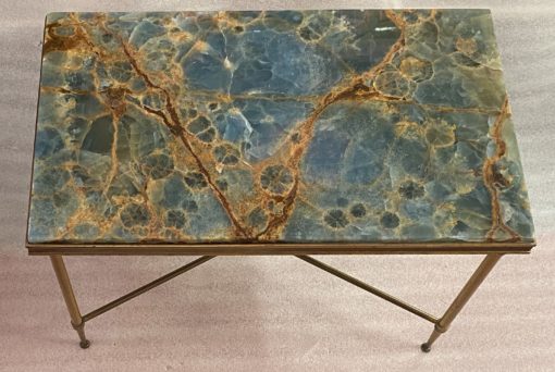 1950/70′  Bout de Canapé Bronze, Plateau Marbre Ou Onyx Bleu  Et Rouille  Maison Charles Signé Avec Entretoise