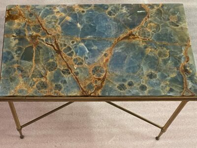 1950/70′ Bronze Side Table, Blue Marble Or Onyx And Rust Tray Maison Charles Signed With Spacer