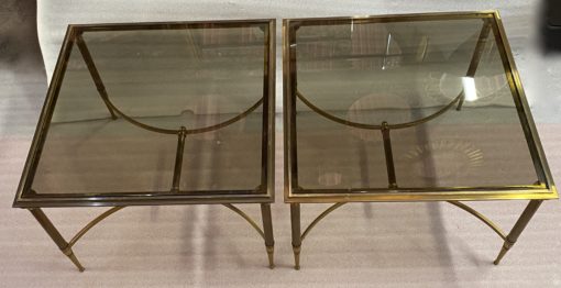 1950/70′ Paire de Bouts de Canapés Bronze , Plateau Verre Fumé  Maison Charles 65 X 65 cm
