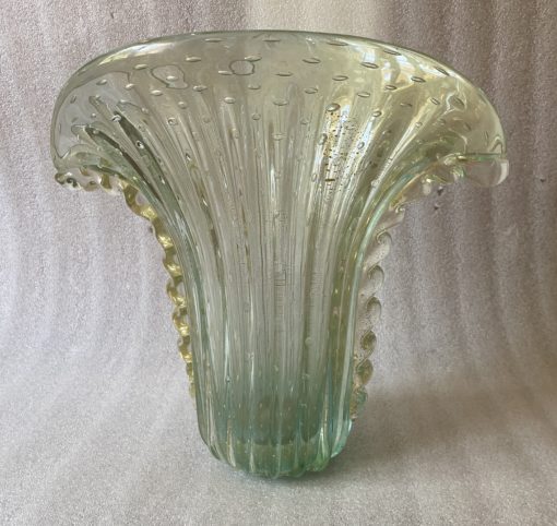 1970' Murano Vase With Bubbles and Gold Inclusions, Bottle Green Crystal, Signed Murano Toso H 39  cm