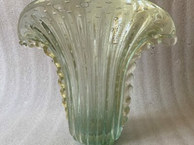 1970' Murano Vase With Bubbles and Gold Inclusions, Bottle Green Crystal, Signed Murano Toso H 39  cm