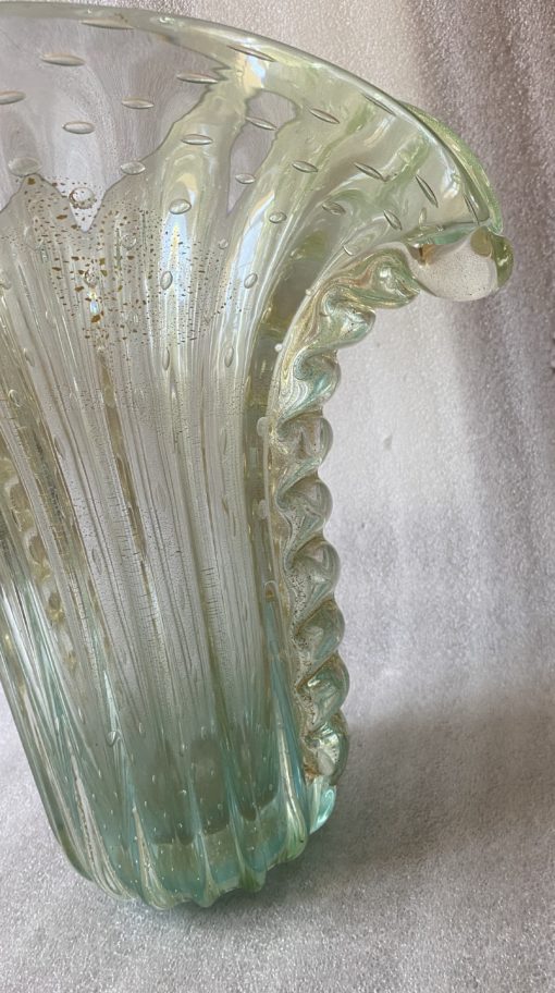 1970' Murano Vase With Bubbles and Gold Inclusions, Bottle Green Crystal, Signed Murano Toso H 39  cm - Image 8