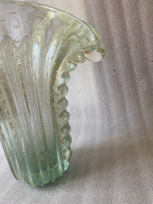 1970' Murano Vase With Bubbles and Gold Inclusions, Bottle Green Crystal, Signed Murano Toso H 39  cm - Image 5
