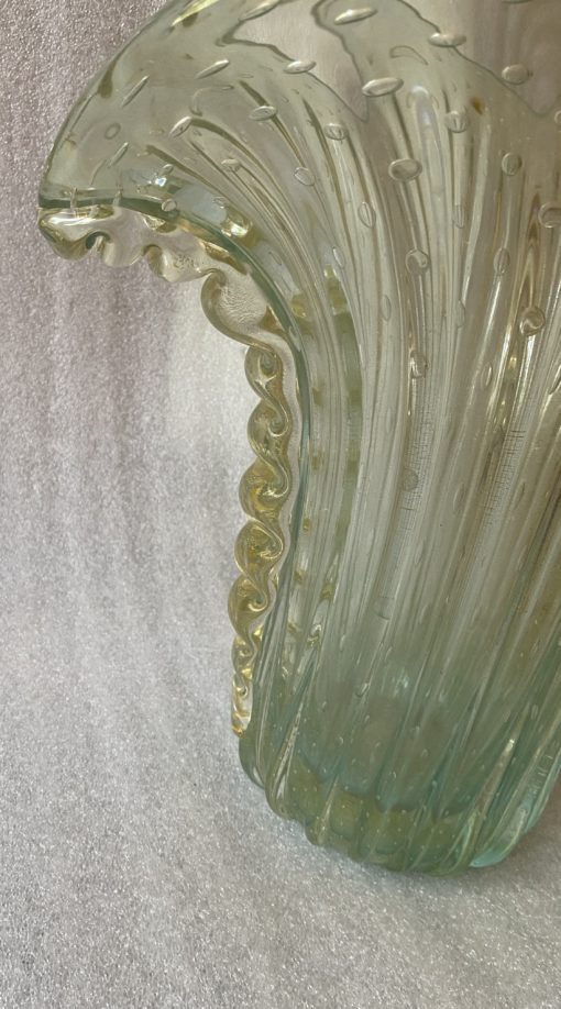 1970' Murano Vase With Bubbles and Gold Inclusions, Bottle Green Crystal, Signed Murano Toso H 39  cm - Image 7
