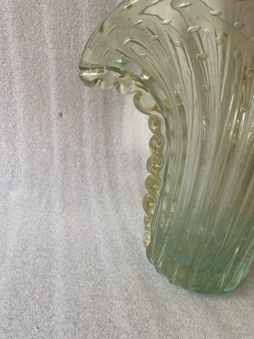 1970' Murano Vase With Bubbles and Gold Inclusions, Bottle Green Crystal, Signed Murano Toso H 39  cm - Image 4