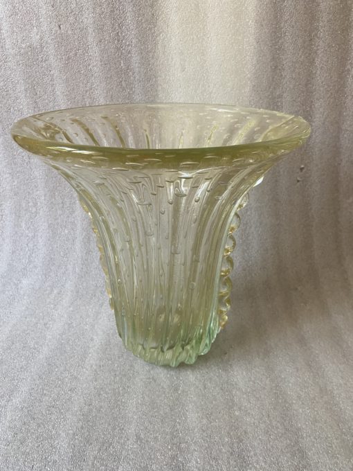1970′ Murano Vase With Bubbles and Gold Inclusions, Opalescent Green Crystal, Signed Murano Toso H 33 cm