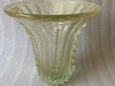 1970′ Murano Vase With Bubbles and Gold Inclusions, Opalescent Green Crystal, Signed Murano Toso H 33 cm