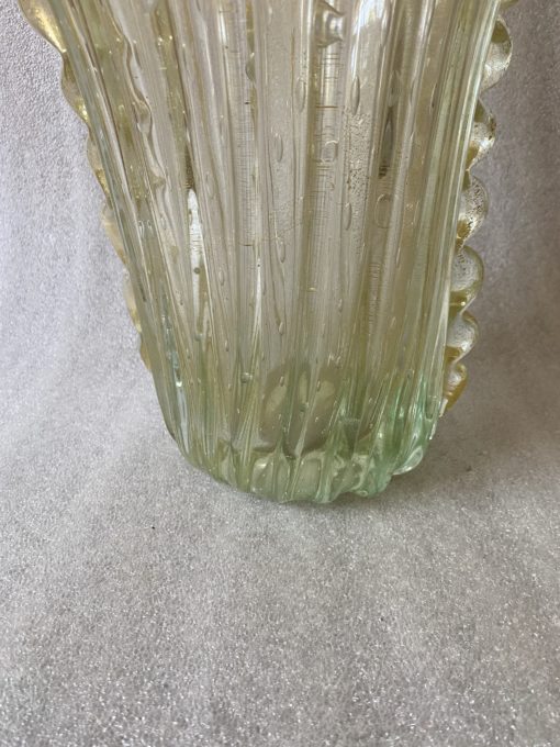 1970′ Murano Vase With Bubbles and Gold Inclusions, Opalescent Green Crystal, Signed Murano Toso H 33 cm - Image 4