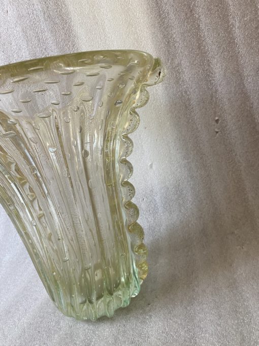 1970′ Murano Vase With Bubbles and Gold Inclusions, Opalescent Green Crystal, Signed Murano Toso H 33 cm - Image 5