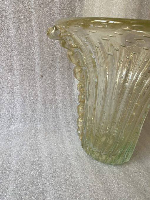 1970′ Murano Vase With Bubbles and Gold Inclusions, Opalescent Green Crystal, Signed Murano Toso H 33 cm - Image 6