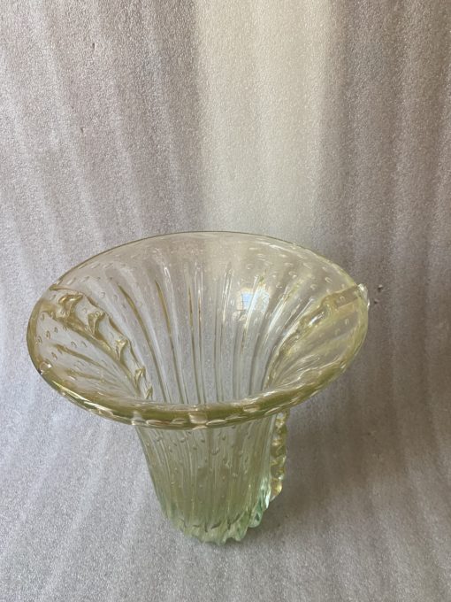 1970′ Murano Vase With Bubbles and Gold Inclusions, Opalescent Green Crystal, Signed Murano Toso H 33 cm - Image 7