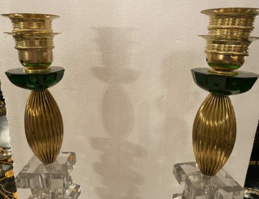 1940′ Pair of Reassembled Glass Lamps With Old Elements, H 49 cm Green Cups - Image 5