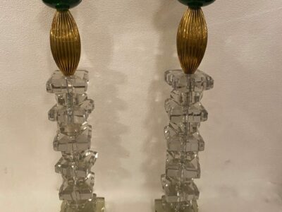 1940′ Pair of Reassembled Glass Lamps With Old Elements, H 49 cm Green Cups